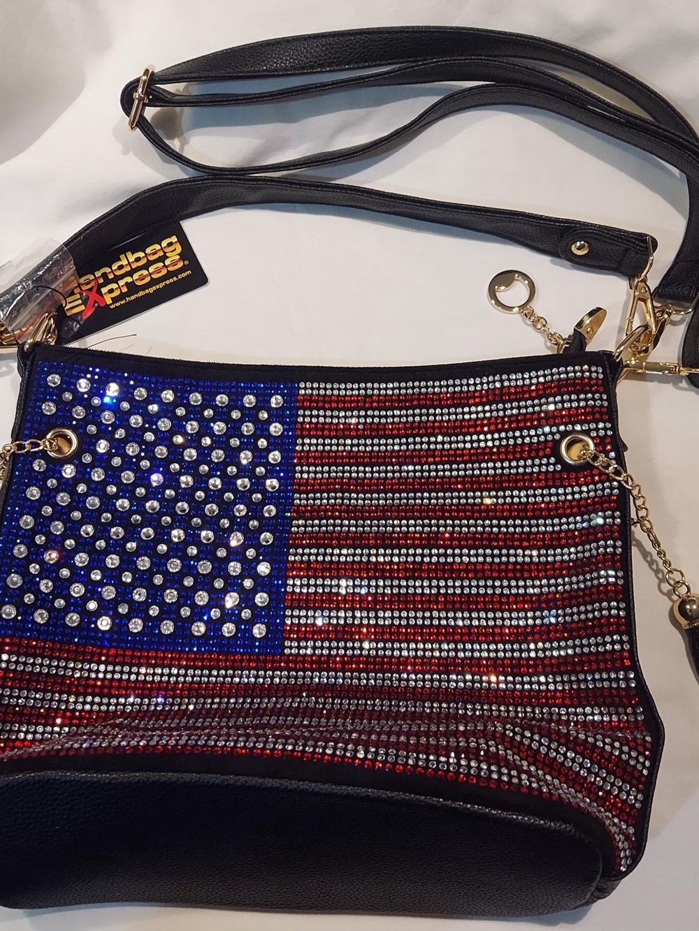 NWT Womens Rhinestone Flag Crossbody Bag  Blue & Red